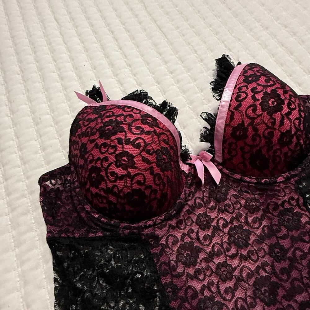 Victoria’s Secret Black Pink Babydoll Chemise Garters 36C Sexy Little Things - Picture 12 of 13